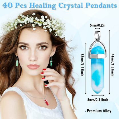 ROADPLUM 40Pcs Healing Crystal Pendants, Glow in the Dark Gemstones Charms Quartz Stone, Hexagonal Crystals Pointed Chakra, Natural Crystal Necklace Pendants for Jewelry Making with Storage Box
