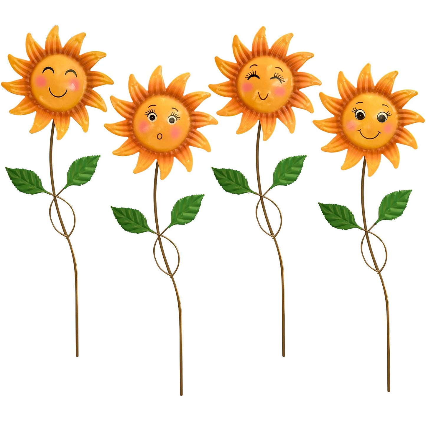 WKHOMEDECO 4 Pack Smiley Sunflower Decorative Garden Stakes, 20.5 Inch Metal Flower Garden Stakes for Outside, Yard Art Outdoor Decor for Lawn Planter Porch Patio