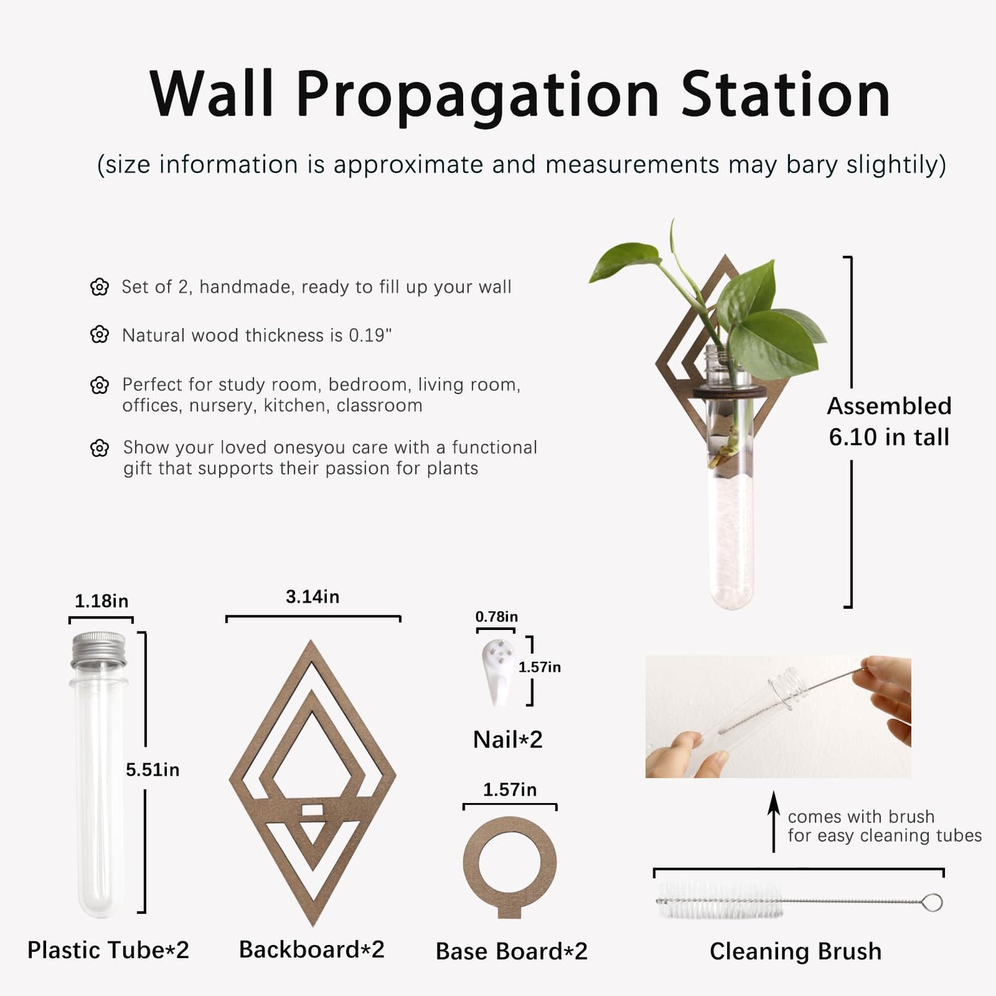 2 Pack Plant Propagation Station Wall Hanging Wooden Diamond Shaped Plant Terrarium for Hydroponics Home Office Decor Test Tube Propagate Air Plant Cutting Holder