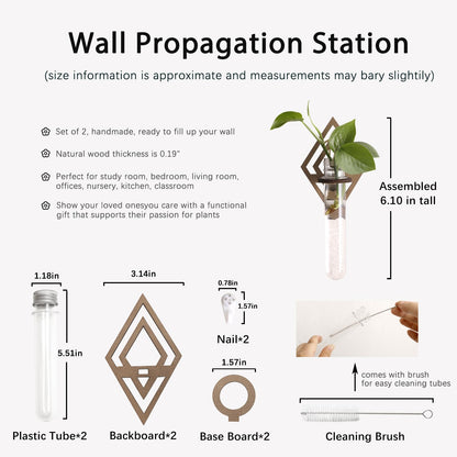 2 Pack Plant Propagation Station Wall Hanging Wooden Diamond Shaped Plant Terrarium for Hydroponics Home Office Decor Test Tube Propagate Air Plant Cutting Holder