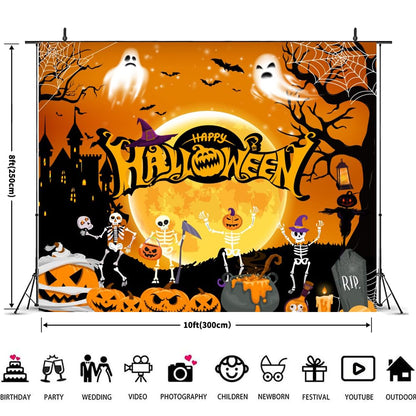 Halloween Backdrop 10x8ft Orange Happy Halloween Banner Decorations Moon Scary Castle Ghost Pumpkin Lantern Backdrops Large Halloween Background for Photobooth Props