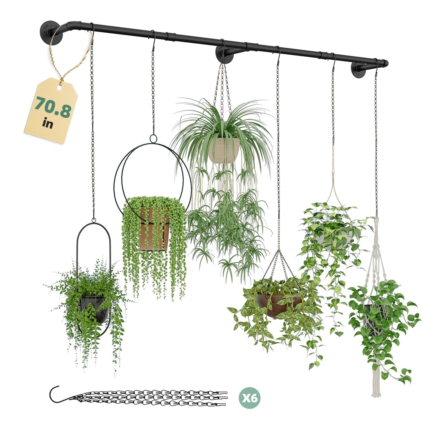 Galood Plant Hanger Indoor with 6 Hanging Chains Hanging Planters for Indoor Plants Hanging Plant Holder Window Plants Rod Black Metal Shelves(70.8 Inch Pot not Included