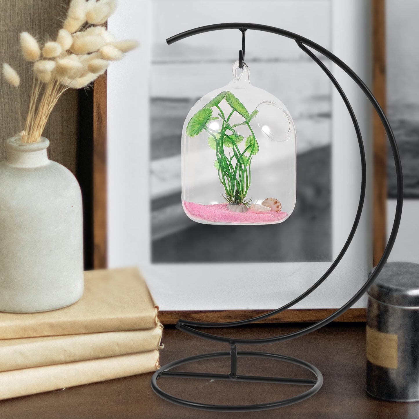 TOPPERFUN 2pcs Moon-shaped Hanging Hook Black Metal Plant Stand Terrarium Holder for Indoor Air Plant Display and Handmade Glass Globe Vase Hanger