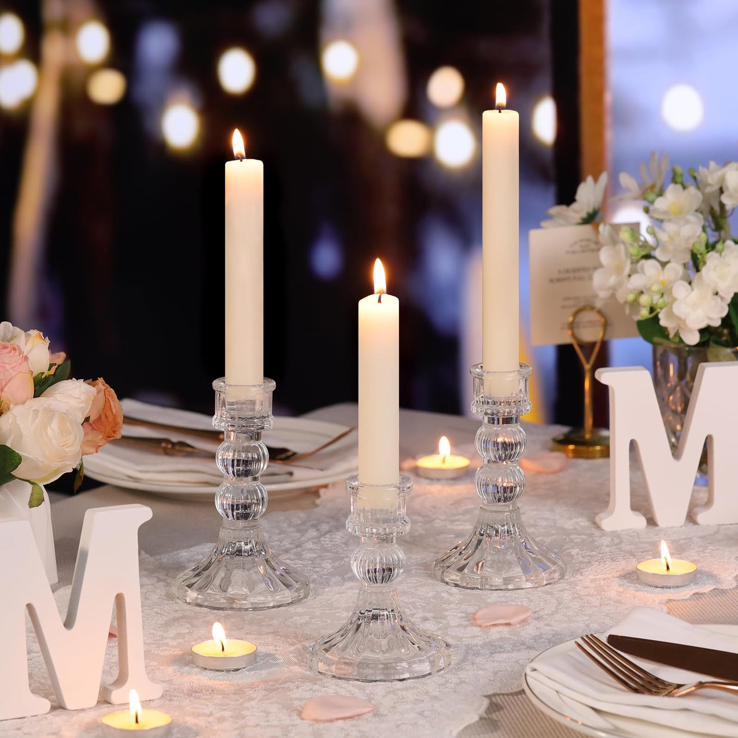 DARJEN 6Pcs Clear Candlestick Holders Set - 4" H & 5" H Striped Taper Candle Holders Bulk, Glass Candle Holders for Wedding, Festival, Party, Table Centerpiece, Gifts