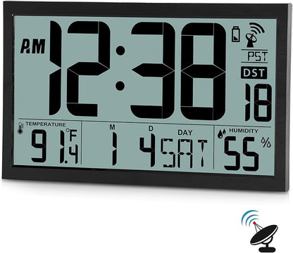 SZELAM Atomic Clock,16.7" Large Display Digital Wall Clock Battery Operated,Digital Calendar Auto Setting Desk Clocks with Indoor Temperature, Humidity,Date,Day,Auto DST for Elderly Bedroom Classroom