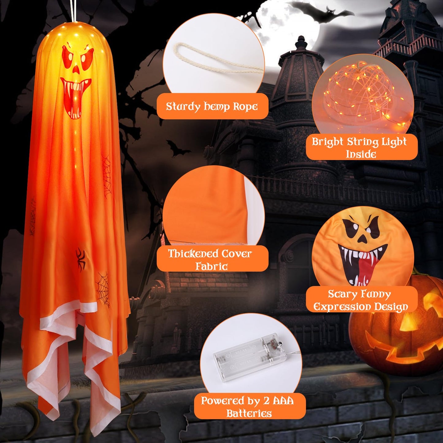 FUNIAO (New) 2 Pcs Halloween Decorations Outdoor, Spooky Ghost with String Lights, Halloween Haunted House Props Battery Operated for Porch, Tree, Patio, Yard, Front Door, Party - Orange