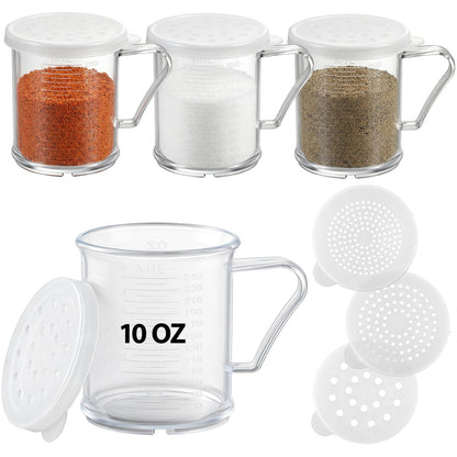 Domensi 4 Pcs Salt Pepper Dredge Shakers Powdered Sugar Shaker Duster with Handle Seasoning Spice Shakers for Lunch Box Restaurant Travel Camping BBQ Picnic Home(10oz with Handle,Plastic)