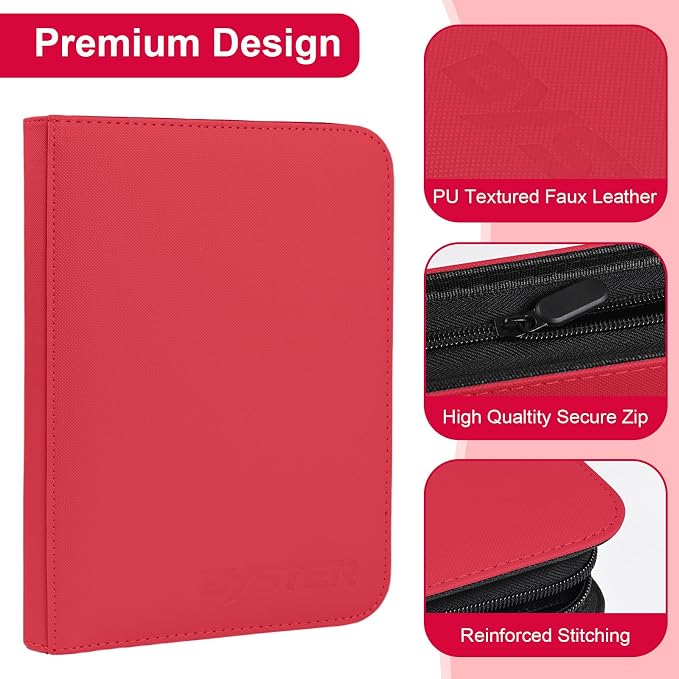 BYSTER 4 Pocket Card Binder, Premium PU Trading Card Binder with Zipper, 160 Capacity Side-Loading Binder for TCG, MTG, Sports Cards, Game Cards, Red