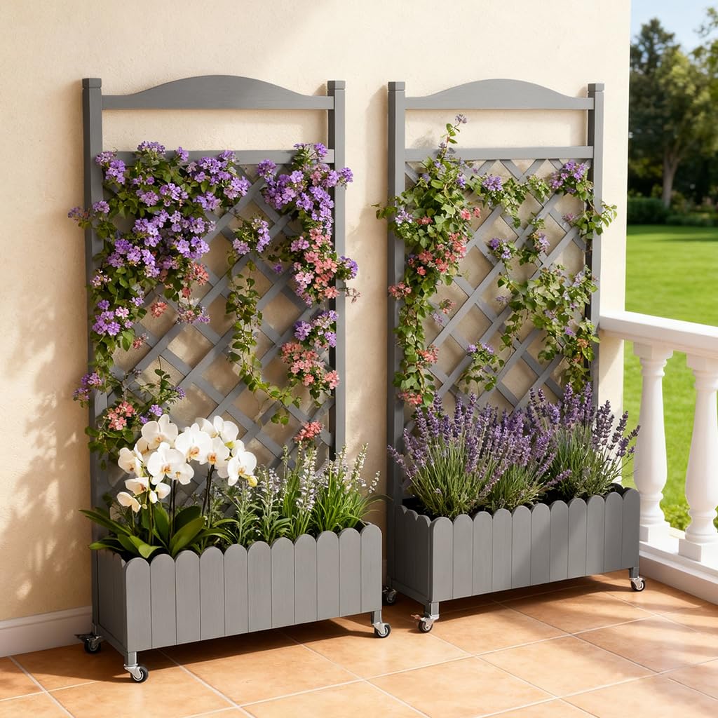 COMHOMA 2 Pack Planter Box with Trellis and Wheels, 48In Elevated Raised Garden Bed, Drainage Holes, Outdoor Lattice for Climbing Flowers, Vegetables, Patio Balcony, Gray