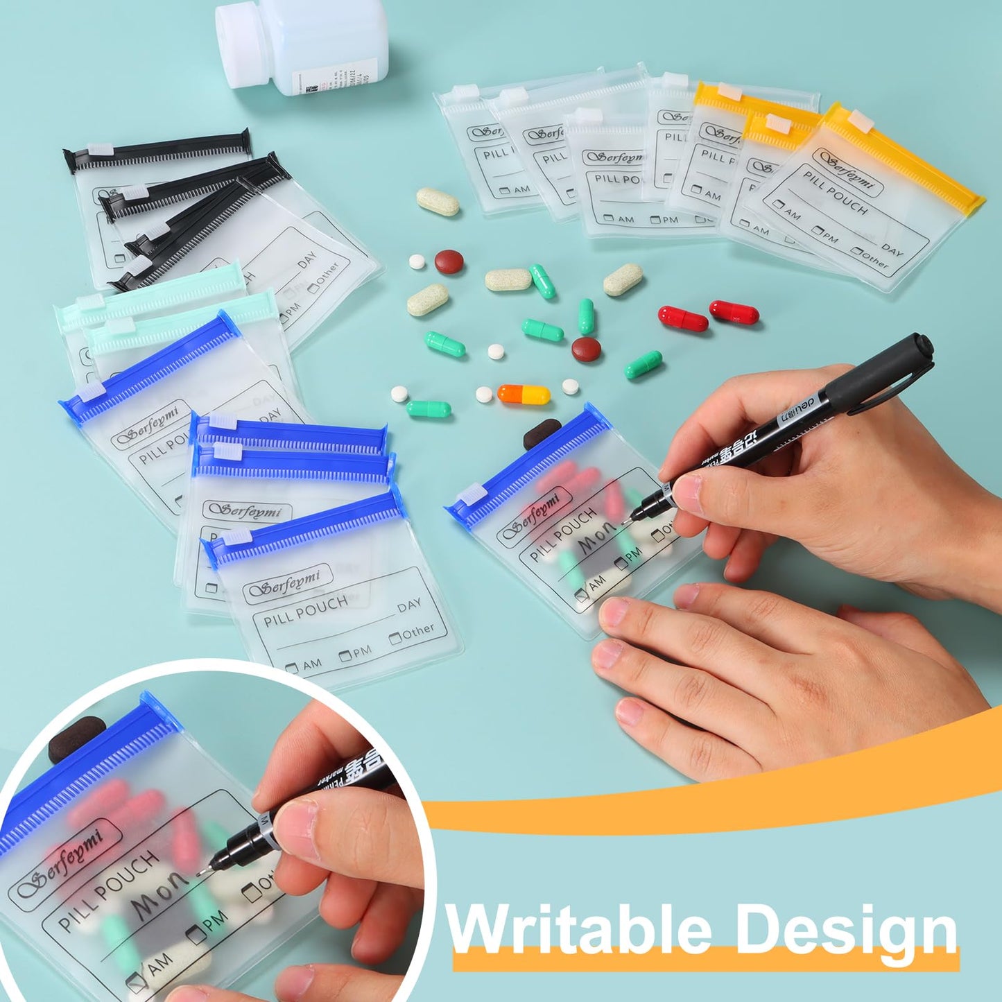 Serfeymi 32 Pcs Zippered Pill Pouches Organizer Plastic Bags 3 X 3 Inches 12 mil Self Sealing with Slide Lock Writable Label Translucent Travel Medicine Storage Bag Case and 1 Pc Marker-Blue