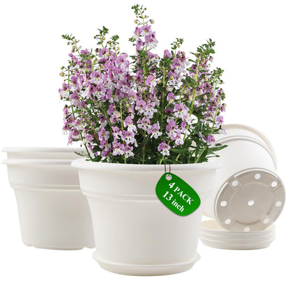 Pottiffe 13 Inch Plastic-Flower-Pot-for-Indoor-Plants, 4 Pack Large Outdoor Planter Pot with Drainage Holes & Saucers, Resin Decorative Garden Pots Planters