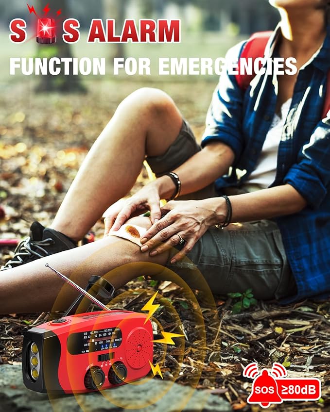 Hand Crank Radio with AM/FM/NOAA Weather Band,for Emergencies, Camping | 3 LED Flashlights,SOS Function,Solar Powered,Hand Cranked, 2000mAh/7400mWh Charger,for Power Outage - Red