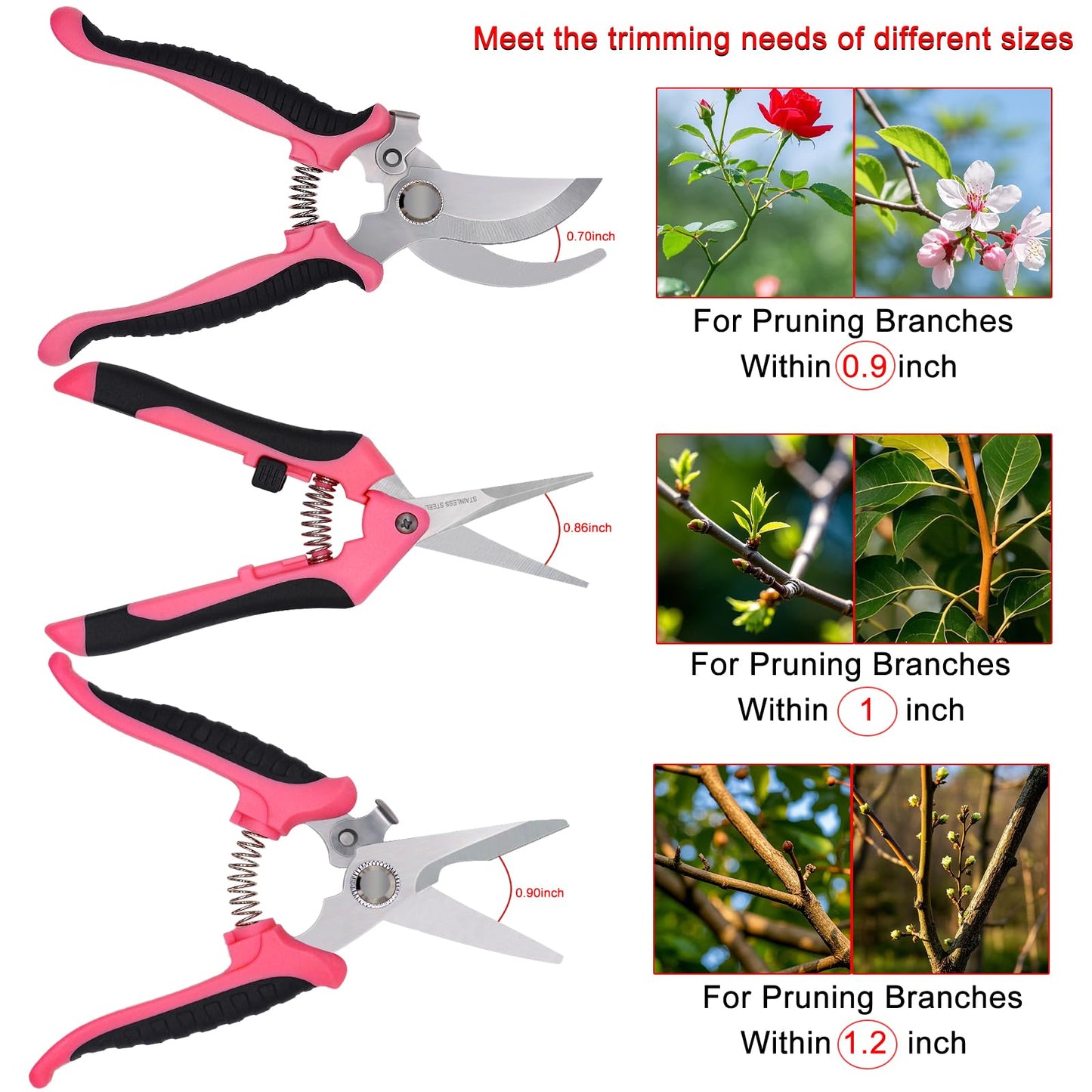 Pruning Shears Gardening Scissors Tools: 3pcs Outdoors&Indoor Garden Clippers, Rose Snips, Plant Clippers, Wood Pruner, Gardener Work Accessories for Flower Arrangement, Yard Landscaping (Pink)