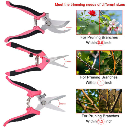 Pruning Shears Gardening Scissors Tools: 3pcs Outdoors&Indoor Garden Clippers, Rose Snips, Plant Clippers, Wood Pruner, Gardener Work Accessories for Flower Arrangement, Yard Landscaping (Pink)