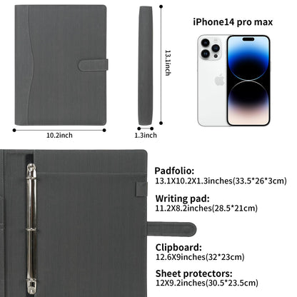 Wonderpool A4 PU Leather Portfolio Holder Ring File Document Case with Removable Binder Clipboard, Multi Pocket and Legal Pad for Business Organizer Interview and Meeting (Gray)