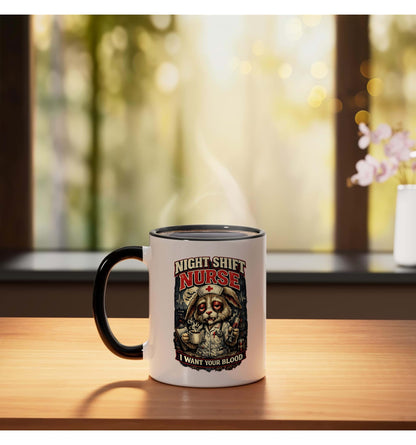 Night Shift Nurse I Want Your Blood Funny Halloween Ceramic Mug, Black/White