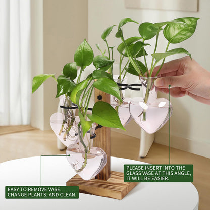 CYZglass Plant Terrarium Propagation Stations with Wooden Stand, Glass Vase for Indoor Hydroponics Home Garden Office Decoration Gift for Women - 4 Love Bulb Vase