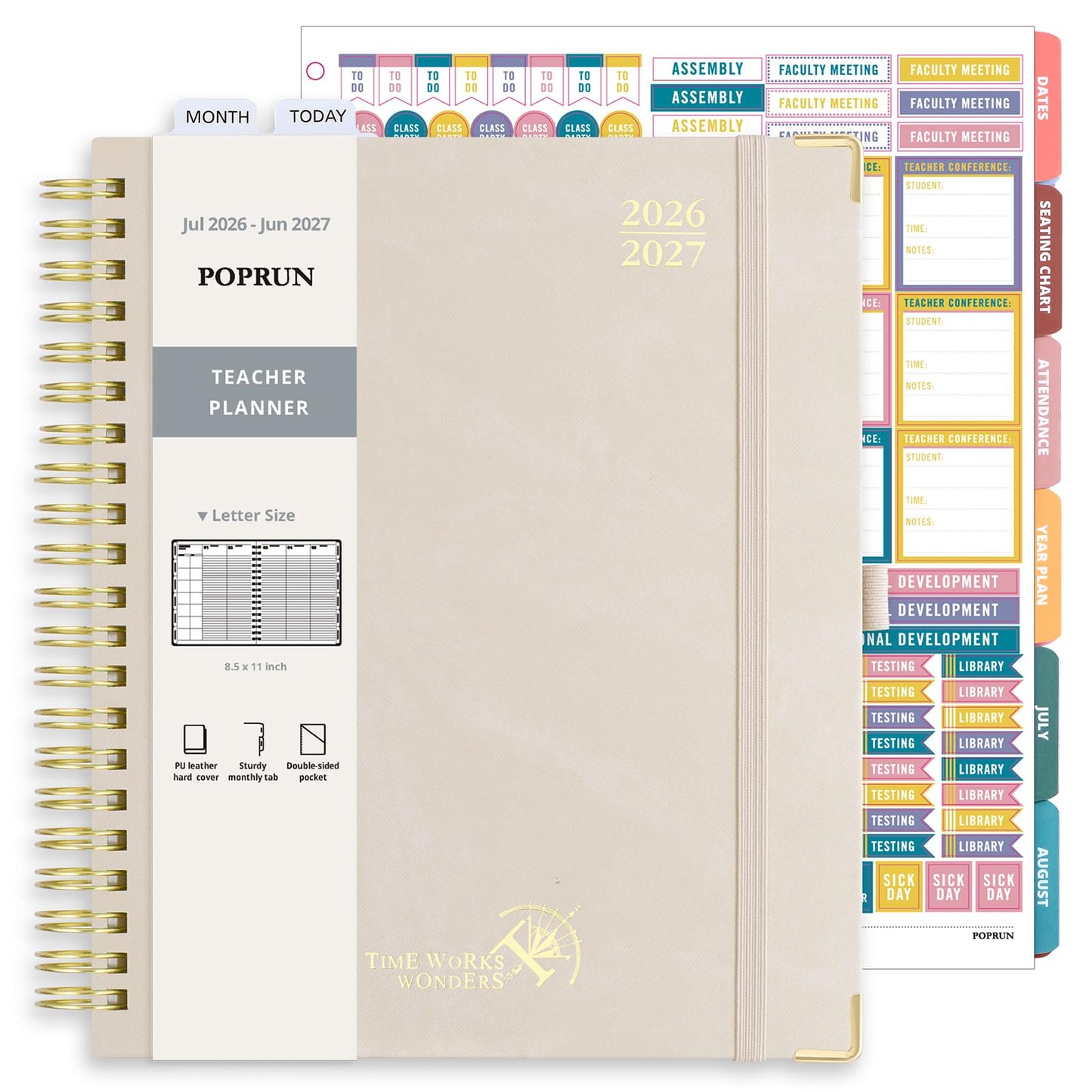 POPRUN Teacher Planner 2026-2027, Letter Size 8.5"x 11", Monthly and Weekly Calendar, July 2026 - June 2027, Hardcover Planner Notebook, Spiral Bound, Teacher Classroom Supplies - Beige