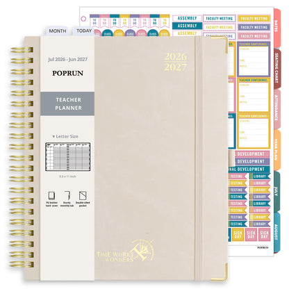 POPRUN Teacher Planner 2026-2027, Letter Size 8.5"x 11", Monthly and Weekly Calendar, July 2026 - June 2027, Hardcover Planner Notebook, Spiral Bound, Teacher Classroom Supplies - Beige