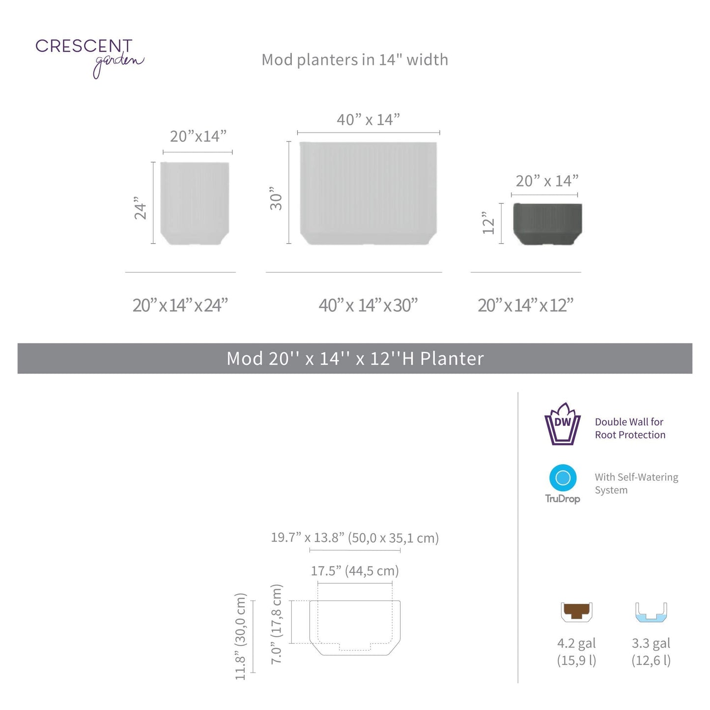 Crescent Garden Modular Trough Planter Box, Self-Watering Pot for Indoor and Outdoor Plants, Modern Planter 20"x14"x12" (Slate)