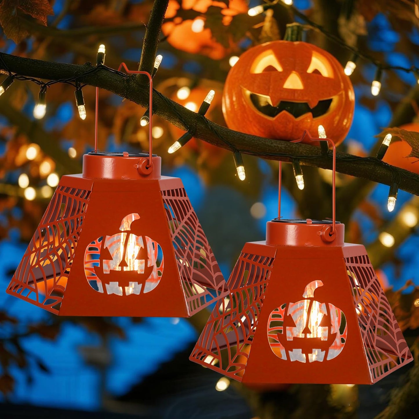 WONDER GARDEN Halloween Lantern Lights, 2 Pack Solar Hanging Pumpkin Lights, Metal Decorative Light for Outdoor Porch Yard Garden Tree Decor