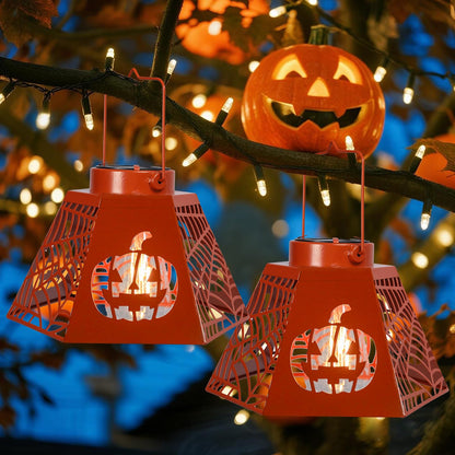 WONDER GARDEN Halloween Lantern Lights, 2 Pack Solar Hanging Pumpkin Lights, Metal Decorative Light for Outdoor Porch Yard Garden Tree Decor