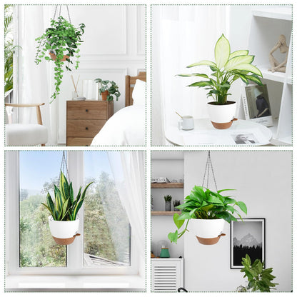 Vanslogreen Hanging Planters for Indoor Outdoor Plants, 2 Pack Self Watering Hanging Pot with Drainage Holes & Removable Tray (White, 6'')