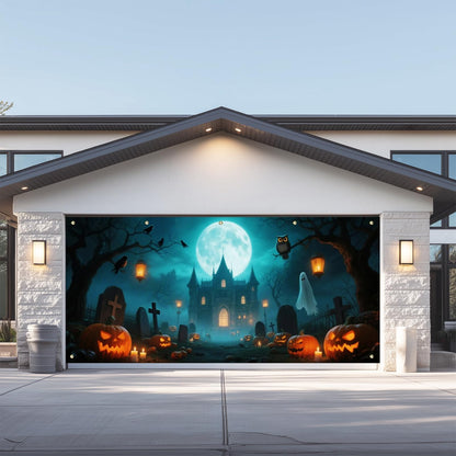 IVN Halloween Garage Door Cover 13x6ft Haunted Castle with Ghosts and Jack-o’-Lanterns Scene Garage Decoration with Green Moonlit Forest Halloween Decorations Outdoor