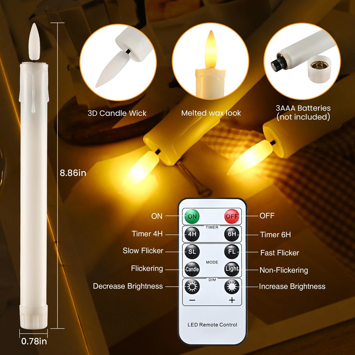 JOSU LED Flameless Taper Candles with Remote Timer, 6 Pcs Ivory Fake Candlesticks Battery Operated 3D Flickering, Realistic Electric Candles Warmer Lamp Light for Wedding Party Home Decor, 0.78"x8.86"