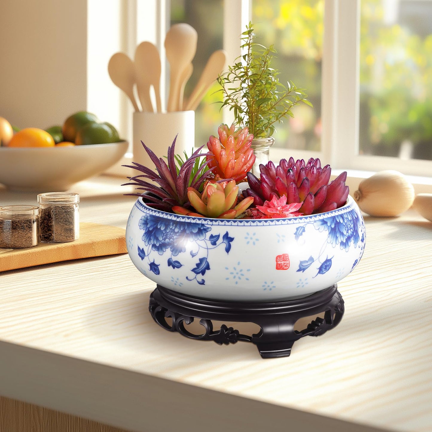 DOITOOL Ceramic Flowerpot Small Hydroponic Daffodil Pot with Base Indoor Bonsai Plant Container for Water Lily Lotus and Succulents 4.13X6.3X4.13 Inches