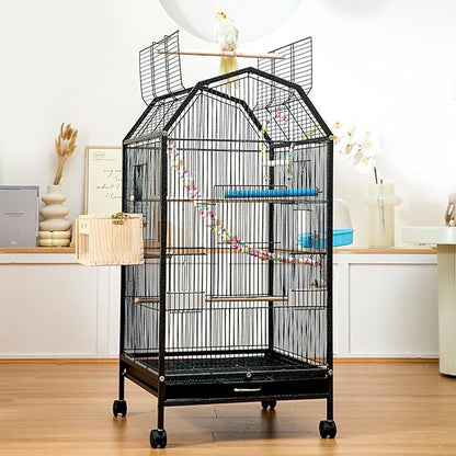 40inch Bird Cage with Rolling Wheels, Open-Top Parrot Cage Sturdy Iron Pet Bird Flight Cage Large Birdcage for Parrots Cockatiels Conure Budgie Canary (Black)