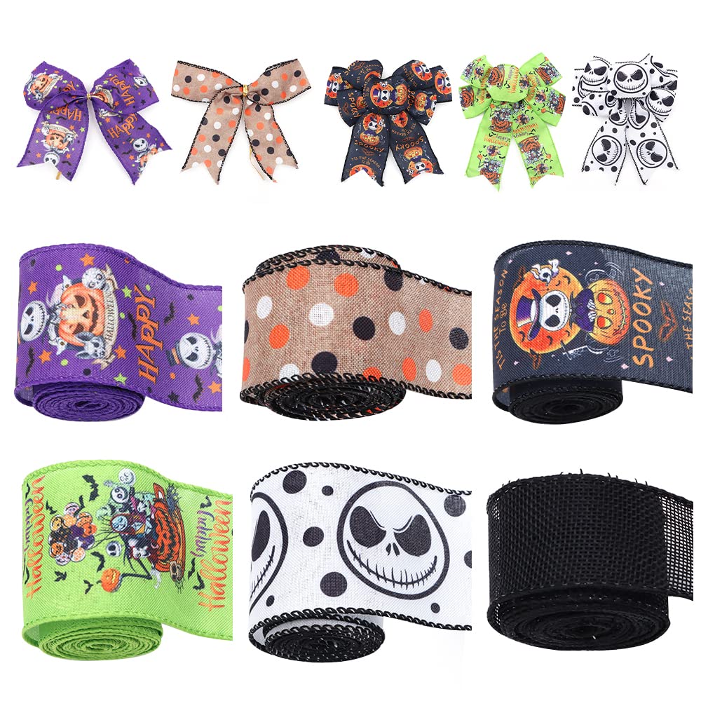 6 Rolls Nightmare Before Christmas Wired Ribbon 1.5" & 2.5" - Halloween Jack Skellington Sally Ribbon with Pumpkin/Spider/Bat/Patterns for Fall Halloween Christmas Decor, Wreath Bows, Gift Wrapping