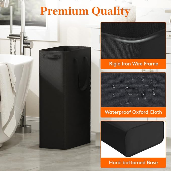 Lifewit 2 Pack Slim Laundry Hamper, Collapsible Narrow Laundry Basket, Small Tall Dirty Clothes Hampers with Handles for Bathroom Bedroom College Dorm, Black, 65L