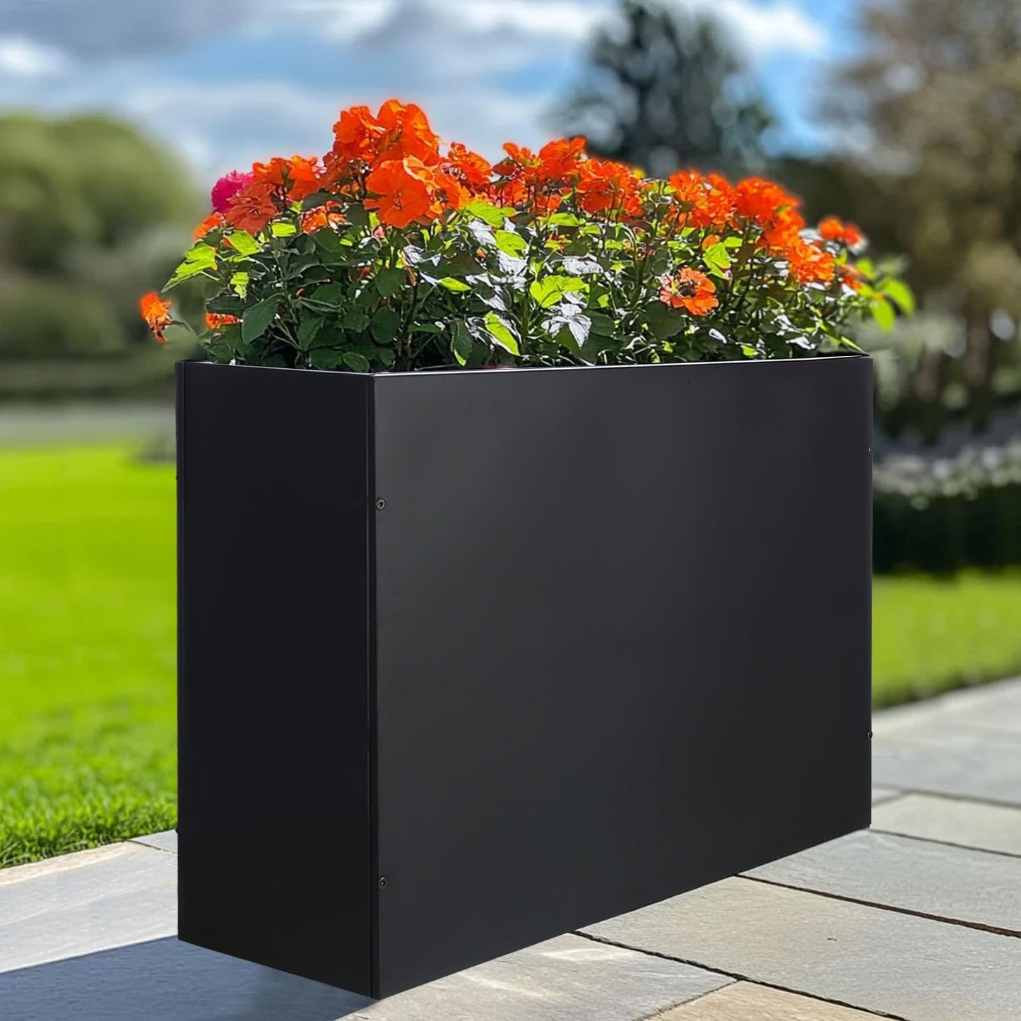 BAYN Metal Rectangular Planter Box Tall Planters for Outdoor Plants Modern Heavy Duty with Drainage Holes for Outside Indoor Patio Deck - Black, 32”x 12”x 24”