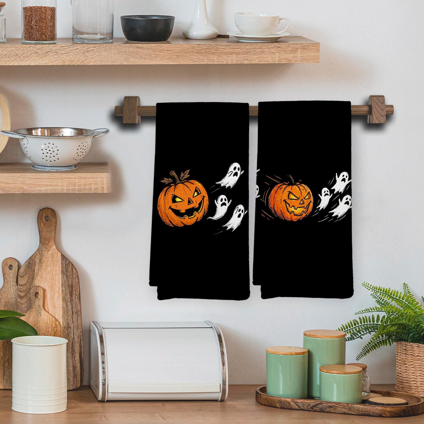 EGBTL Halloween Pumpkin Ghost Kitchen Towels, Halloween Hand Towels for Bathroom Decor, Funny Spooky Pumpkin Ghost Black Dishcloths Dish Towel for Kitchen 16x24 Inches Set of 2