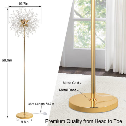 69 inch Crystal Floor Lamp, Modern Standing Lamp with K9 Crystal, LED Floor Lamp with On/Off Foot Switch, Metal Tall Pole Lamp for Living Room, Girls Room, Bedroom, Dresser, Office, Gold Finish