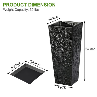 BAYN 2-Pack 24" Tall Metal Planter – Hand-Hammered Textured Large Black Flower Pots Box with Saucer for Outdoor&Indoor, Garden, Porch, Patio, Yard with Pre-Drilled Drainage Holes