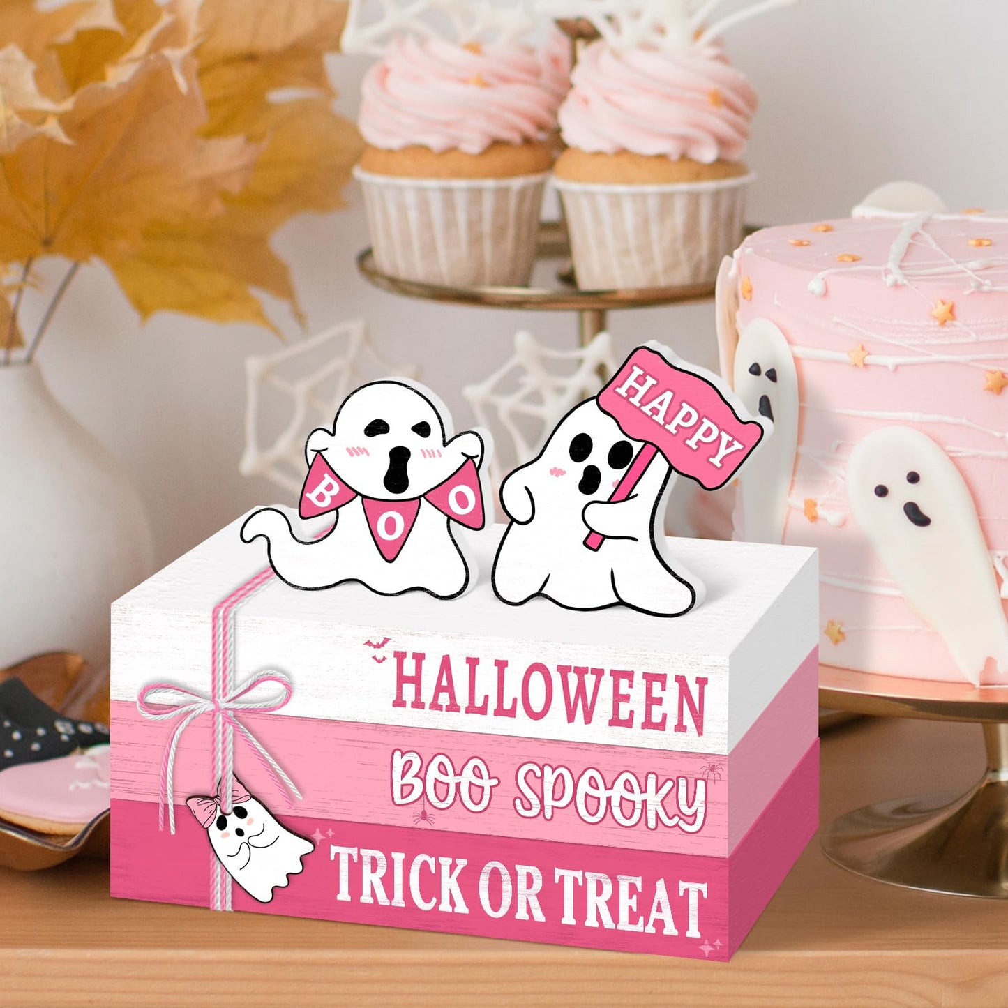 Culudea 6 Pcs Halloween Decorations for home Pink Ghost Wooden Book Stack Sign Halloween Table Decor Tiered Tray Decor with Hanging Ghost Boo Table Centerpiece for Home Shelf Mantel