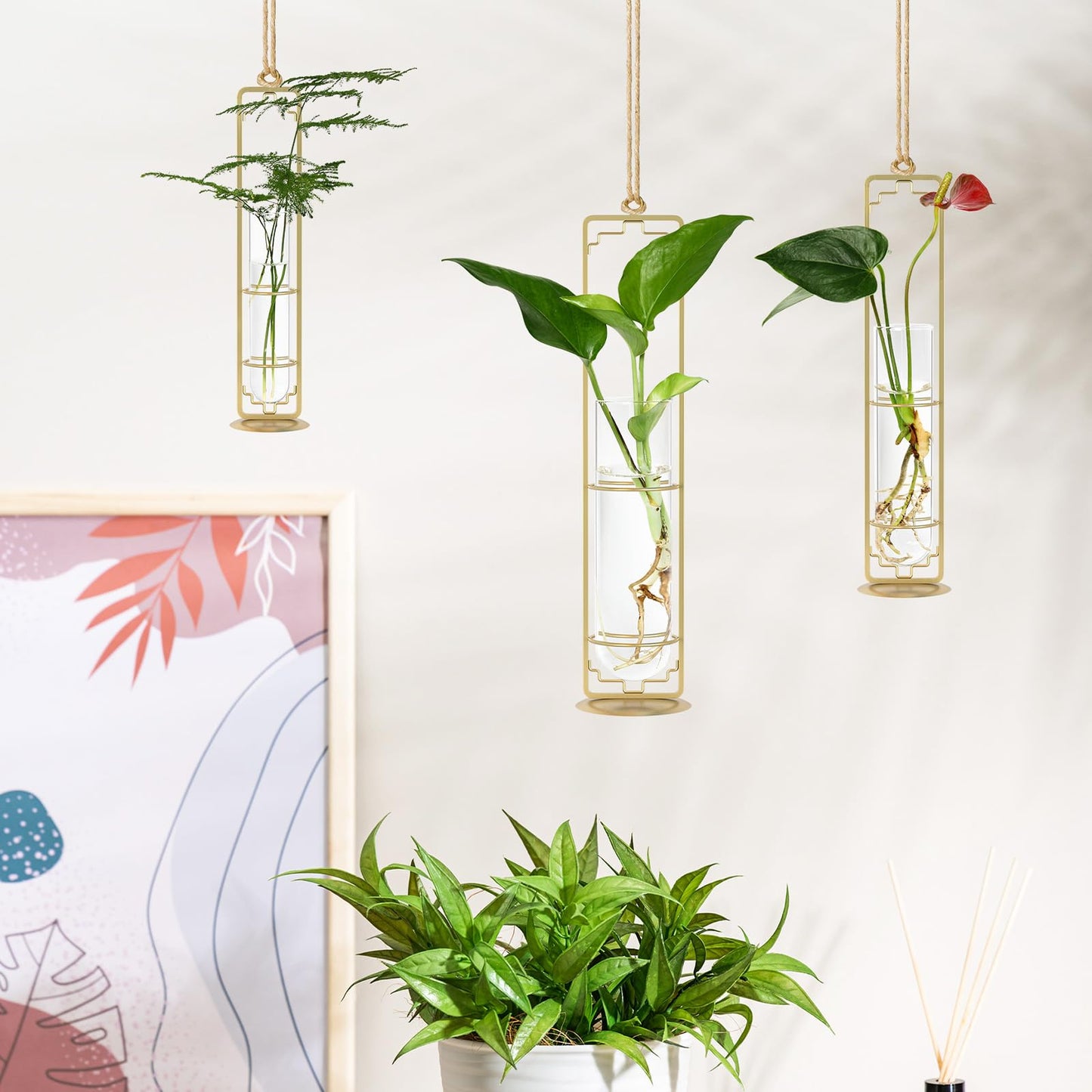 MIPON Metal Hanging Plant Propagation Station,3 Size Glass Test Tube Hydroponic Planter,Boho Wall Hanging Plant Cuttings Holder,Indoor Water Plant Terrarium Tubes for Home Office Window Decor-Gold