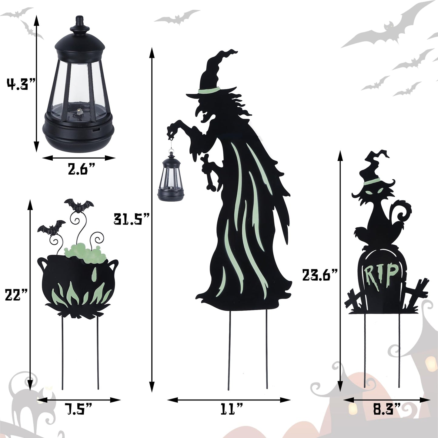 Prsildan Halloween Decorations Outdoor - 3 Pack Metal Witch Yard Stakes with Solar Lantern & Glow in The Dark Cauldron + Tombstone, Lighted Witches Silhouette Decor for Porch Garden Lawn Cemetery