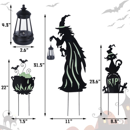Prsildan Halloween Decorations Outdoor - 3 Pack Metal Witch Yard Stakes with Solar Lantern & Glow in The Dark Cauldron + Tombstone, Lighted Witches Silhouette Decor for Porch Garden Lawn Cemetery