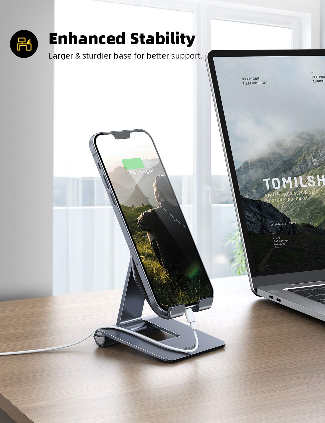 Lamicall Aluminum Metal Adjustable Cell Phone Stand Desk - Heavy Duty Aluminum Metal Foldable Desktop Phone Holder, Cradle, Dock, for iPhone 16 15 14, Plus, Pro, Pro Max, 13 12 X XS,4-11'' Phone Grey
