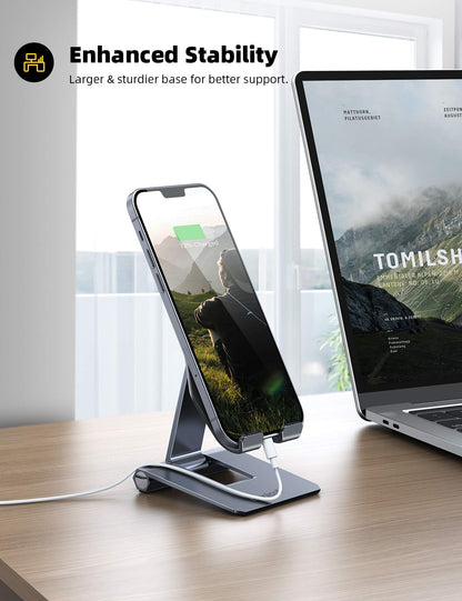 Lamicall Aluminum Metal Adjustable Cell Phone Stand Desk - Heavy Duty Aluminum Metal Foldable Desktop Phone Holder, Cradle, Dock, for iPhone 16 15 14, Plus, Pro, Pro Max, 13 12 X XS,4-11'' Phone Grey