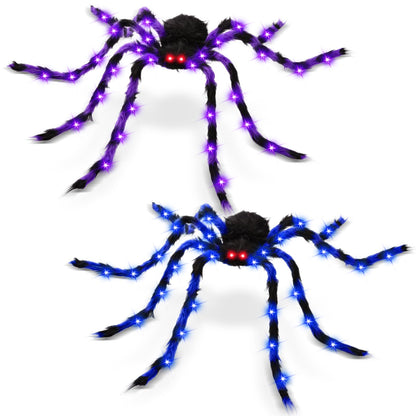 2 Pack 50" Halloween Light Up Spiders, Giant Hairy Spider Decorations with Blue and Purple LED Lights, Scary Indoor Outdoor Halloween Decor for Yard Porch Tree Party Haunted House