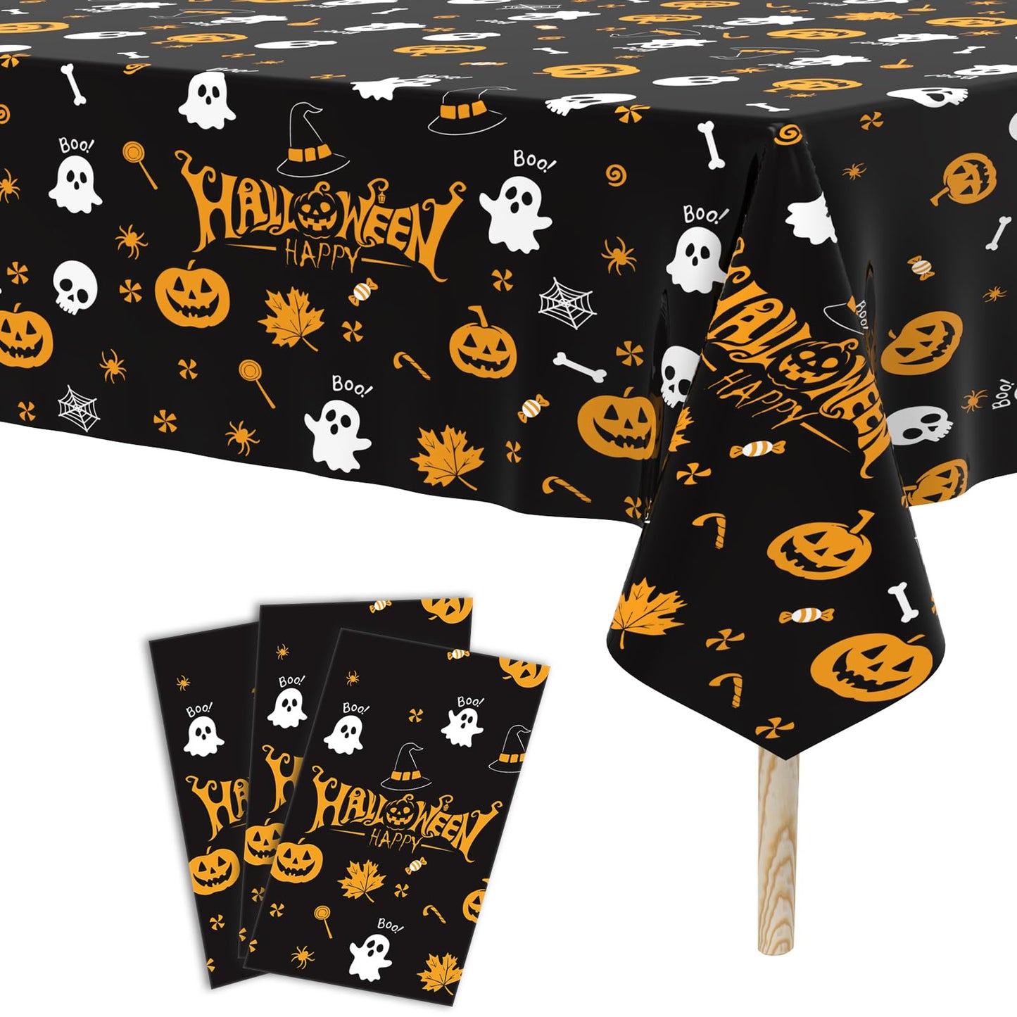 Tbsone Halloween Disposable Plastic Tablecloth, Rectangle, 3 Pack
