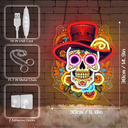 Sneignon Day of the Dead Neon Sign - Mexican Sugar Skull LED Neon Light for Home & Bar Decor,UV Printed Art with Flexible LED Strip,Halloween & Día de Muertos Party Decoration (Red）
