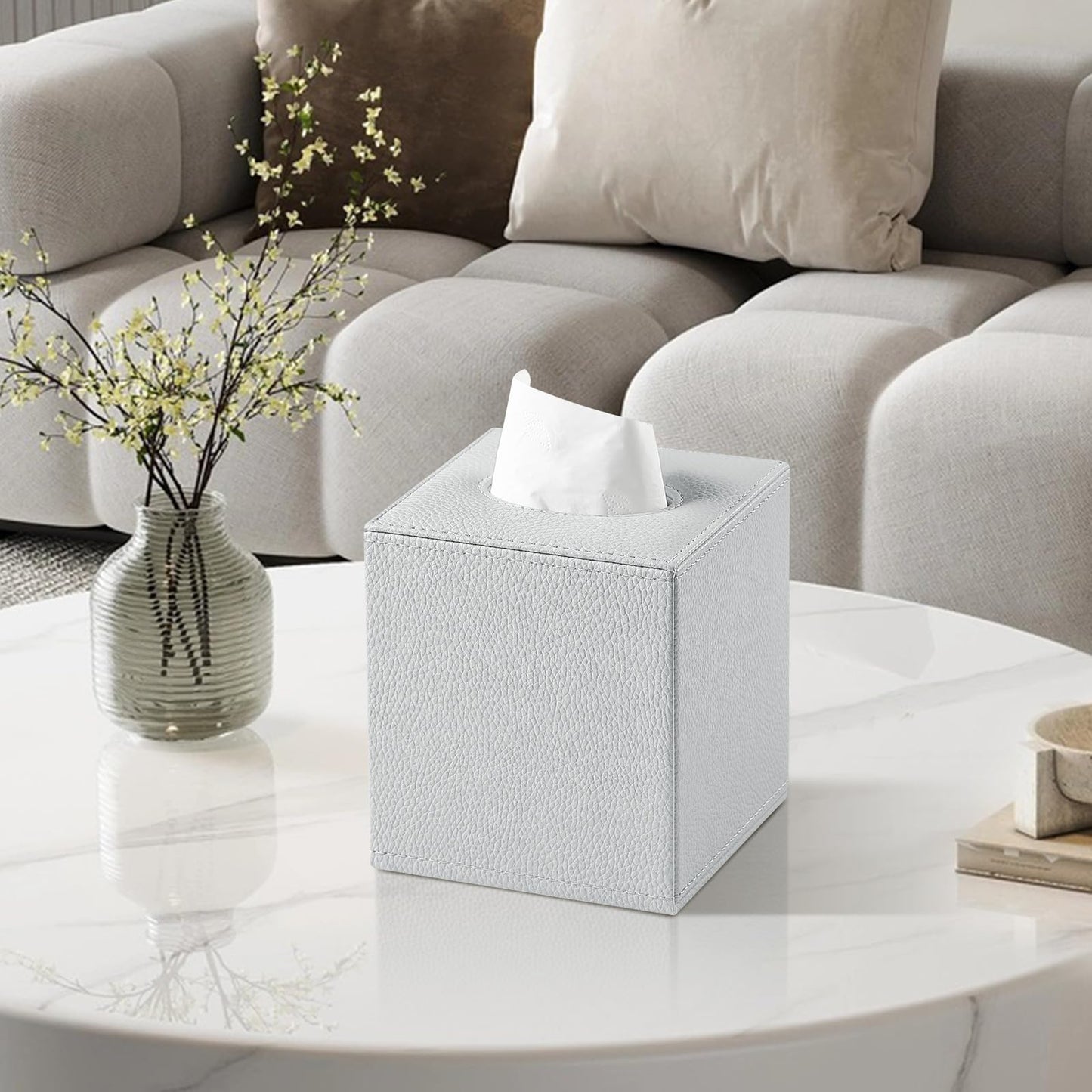 JLAMBOM PU Leather Tissue Box Cover Square Tissue Box Holder with Magnetic Closure, Decorative Tissue Holder for Bathroom Bedroom Office (Grey)