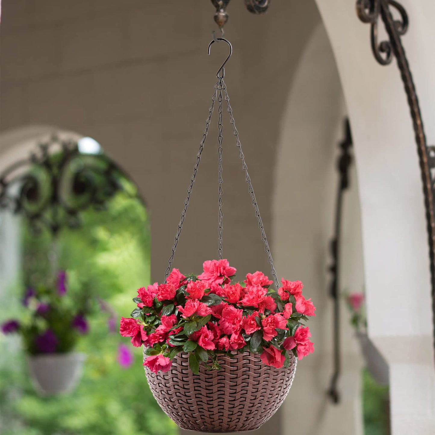 Foraineam 10.2 Inches Round Basket Hanging Planter Dual-pots Design Garden Flower Plant Pots Hanging Planter Baskets with Drainer and Chain for Indoor Outdoor Use