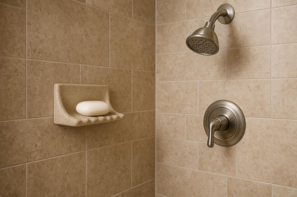 Tenedos Premium Light Travertine Resin Soap Dish Holder – 8.5" x 5" – Wall Mount for Bathroom, Fits Ceramic, Porcelain, Stone Surfaces – No Back Insert – (Light Yellow)