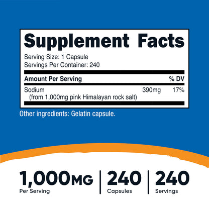 Nutricost Pink Himalayan Salt Capsules 1000mg, 390mg Sodium, 240 Capsules - Non-GMO, Gluten Free